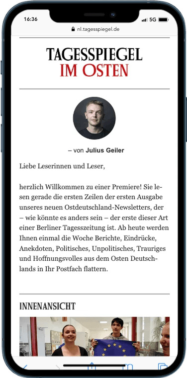 Handy-Screenshot des Tagesspiegel-Newsletters "Im Osten"