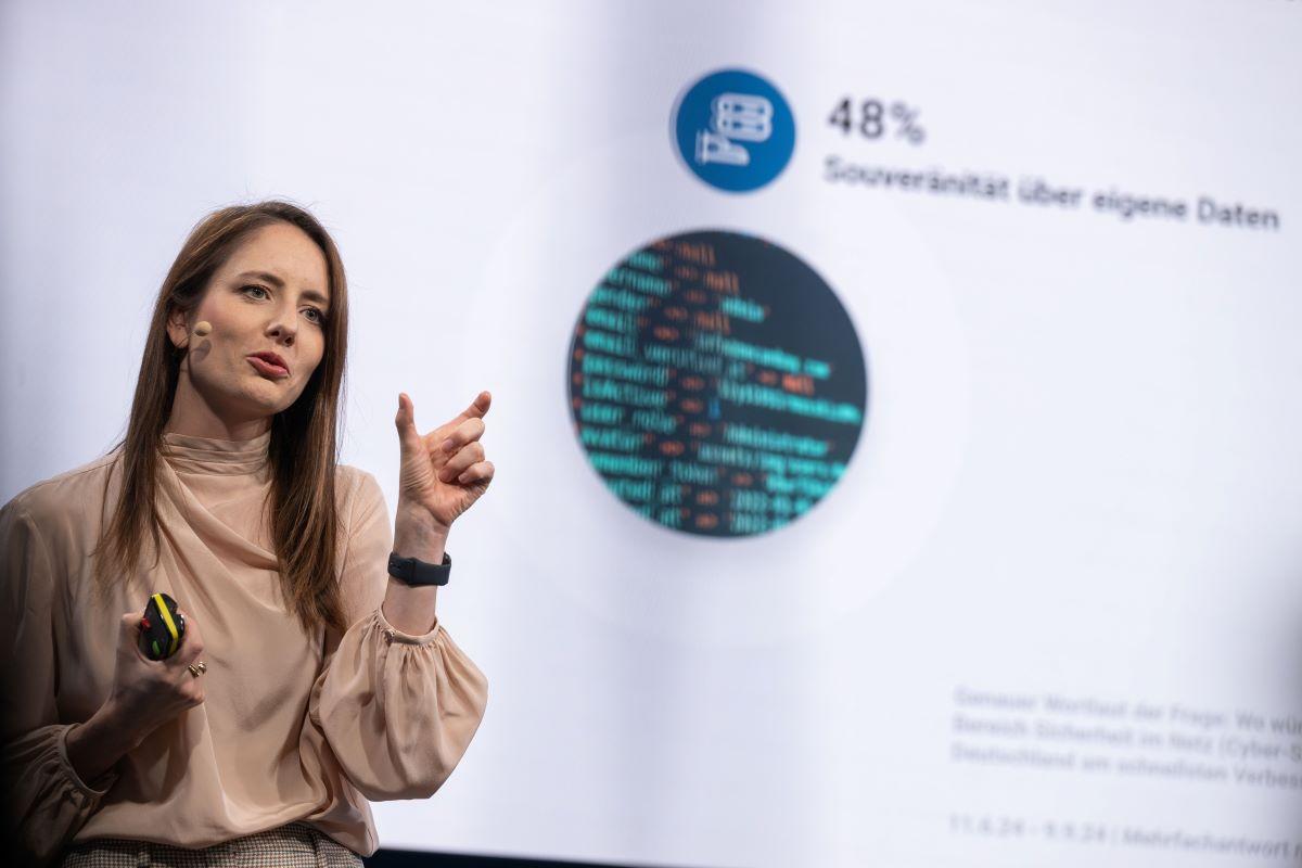 Janina Mütze zeigt Folie: „48 % Souveränität über eigene Daten“, Kreisgrafik mit Codefragment.